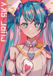 Rule 34 | 1girl, aqua eyes, aqua hair, blue eyes, blue hair, blush, bow, character name, clenched hand, closed mouth, clothing request, cure sky, earrings, gloves, hair bow, hair ornament, hand on own chest, heart, heart hair ornament, highres, hirogaru sky! precure, jewelry, long hair, looking at viewer, mashiro (gjer4484), precure, red background, single bare shoulder, single sidelock, smile, solo, straight-on, twintails, upper body, very long hair, white gloves
