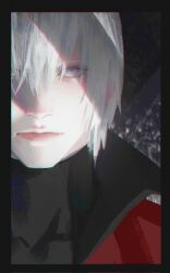 Rule 34 | 1boy, bishounen, blue eyes, closed mouth, coat, dante (devil may cry), devil may cry (anime), devil may cry (series), highres, long bangs, long hair, looking at viewer, male focus, necktie, necktie grab, neckwear grab, pale skin, red coat, solo, white hair, yaoyao794