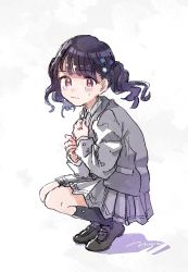Rule 34 | 1girl, absurdres, artist request, black hair, black socks, blazer, commentary request, flower, from side, fukumaru koito, full body, grey jacket, grey skirt, hair flower, hair ornament, highres, idolmaster, idolmaster shiny colors, jacket, kneehighs, loafers, looking at viewer, miniskirt, pleated skirt, purple eyes, school uniform, shoes, skirt, socks, solo, squatting, tearing up, twintails, white background
