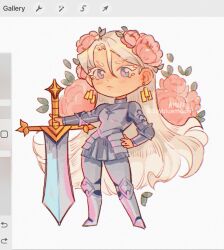 Rule 34 | 1girl, armor, armored dress, armored skirt, art program in frame, bbybluemochi, blonde hair, blue eyes, blush, breastplate, camellia, chibi, chromatic aberration, closed mouth, colored eyelashes, commentary, commission, earrings, english commentary, film grain, floating hair, floral background, flower, full body, glint, gold earrings, hair between eyes, hair flower, hair ornament, hand on own hip, highres, holding, holding sword, holding weapon, huge weapon, jewelry, knight, leaf, long hair, looking at viewer, original, pink flower, planted, planted sword, planted weapon, plate armor, pout, procreate (medium), procreate (software), purple eyes, signature, simple background, solo, standing, sword, twitter username, v-shaped eyebrows, very long hair, watermark, weapon, white background, white hair