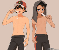 Rule 34 | 2boys, ash ketchum, baseball cap, black hair, blue eyes, brown eyes, child, coffee-break, collarbone, commentary request, cowboy shot, creatures (company), eyelashes, game freak, goh (pokemon), hat, highres, holding, male focus, multiple boys, navel, nintendo, open mouth, pants, pokemon, pokemon (anime), pokemon journeys, red headwear, short hair, teeth, tongue, tongue out, topless male, towel, towel on head, upper teeth only