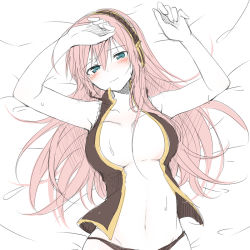Rule 34 | 1girl, arms up, bed sheet, black panties, black shirt, blouse, blue eyes, blush, breasts, closed mouth, collarbone, eyelashes, headset, large breasts, long hair, lying, megurine luka, navel, no pants, on back, open clothes, open shirt, pale skin, panties, pink hair, shirt, sketch, sleeveless, sleeveless shirt, solo, sudachi (calendar), sweat, underwear, vocaloid