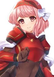 Rule 34 | 1girl, armor, bodystocking, breastplate, commentary request, covered navel, edamameoka, fire emblem, fire emblem engage, hair ribbon, hairband, highres, lapis (fire emblem), looking at viewer, nintendo, pauldrons, pink eyes, pink hair, ribbon, short hair, shoulder armor, simple background, smile, solo, upper body, white background, white ribbon