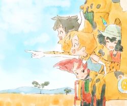 Rule 34 | 1boy, 3girls, :d, ^ ^, animal ears, bad id, bad twitter id, black hair, blonde hair, blue sky, closed eyes, commentary, creator connection, crossover, day, extra ears, closed eyes, hat, hat feather, highres, japari bus, kaban (kemono friends), kemono friends, kemurikusa, looking away, multiple girls, open mouth, outdoors, outstretched arm, pointing, red hair, rin (kemurikusa), savannah, serval (kemono friends), short hair, sky, smile, traditional media, wakaba (kemurikusa), yuki yukki12