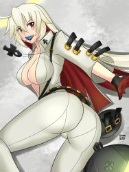 Rule 34 | 1girl, ankh, arc system works, ass, blonde hair, blush, bodysuit, breasts, candy, cleavage, cleavage cutout, clothing cutout, cross, cross necklace, female focus, food, from behind, gloves, guilty gear, guilty gear xrd, guilty gear xrd: revelator, halo, highres, jack-o&#039; valentine, jewelry, large breasts, long hair, looking at viewer, multicolored hair, necklace, nuypiya hehasuk, open mouth, red eyes, red hair, skin tight, smile, solo
