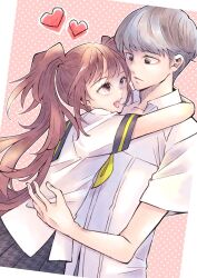 Rule 34 | 1boy, 1girl, brown hair, closed mouth, collarbone, collared shirt, cowboy shot, dutch angle, earrings, eyelashes, grey eyes, grey skirt, hetero, highres, hug, jewelry, kujikawa rise, long hair, looking at another, narukami yuu, neckerchief, open mouth, patterned background, persona, persona 4, pink background, plaid, plaid skirt, shirt, short sleeves, skirt, stud earrings, swept bangs, teeth, tiritumo mt, twintails, upper body, upper teeth only, white shirt, yellow neckerchief