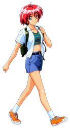 Rule 34 | 1990s (style), 1girl, backpack, bag, blue eyes, casual, cropped shirt, full body, highres, hinomoto hikari, kokura masashi, looking at viewer, midriff, mole, mole under eye, non-web source, open clothes, open shirt, red hair, retro artstyle, shirt, shoes, short hair, short sleeves, smile, sneakers, solo, standing, striped clothes, striped shirt, tokimeki memorial, tokimeki memorial 2, white shirt