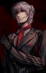 Rule 34 | 1boy, antonio salieri (fate), antonio salieri (second ascension) (fate), ascot, black gloves, black jacket, collared shirt, eyebrows, fate/grand order, fate (series), formal, gloves, grin, jacket, long sleeves, looking at viewer, male focus, neckwear request, pinstripe pattern, red ascot, red background, shirt, short hair, simple background, smile, solo, striped, suit, upper body, white hair, white shirt, yaoto