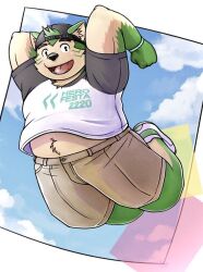 1boy animal_ear_fluff animal_ears arms_behind_back bara belly black_hat bracelet brown_pants cloud cloudy_sky commentary dog_boy dog_ears english_commentary english_text fangs fat fat_man furry furry_male green_fur hat jewelry jumping kemokemumaki live_a_hero looking_at_viewer male_focus mokdai_(live_a_hero) multicolored_shirt open_mouth pants shirt sky white_footwear