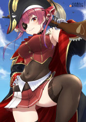 Rule 34 | 1girl, bare shoulders, belt, black thighhighs, blue sky, bodysuit, breasts, coat, corsair, eyepatch, gluteal fold, gun, hand on own hip, hat, highres, hololive, houshou marine, lace, lace-trimmed legwear, lace trim, large breasts, leotard, leotard under clothes, lo xueming, long sleeves, looking at viewer, medium breasts, navel, open clothes, open coat, over shoulder, parted lips, pirate hat, red eyes, red hair, rifle, see-through, see-through leotard, skindentation, skirt, sky, smile, solo, standing, thighhighs, virtual youtuber, weapon