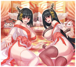 Rule 34 | 10s, 2girls, alternate costume, ass, bird, black hair, blush, breasts, cleavage, come hither, covered erect nipples, crane (animal), curvy, daruma doll, fishnet legwear, fishnets, fusou (kancolle), hair ornament, holding hands, japanese clothes, kantai collection, kimono, large breasts, long hair, looking at viewer, lying, maneki-neko, mimonel, multiple girls, on side, open mouth, outstretched hand, patriotism, red-crowned crane, red eyes, ribbon-trimmed legwear, ribbon-trimmed sleeves, ribbon trim, rising sun flag, short hair, smile, sunburst, sweat, thighhighs, thighs, underboob, yamashiro (kancolle), yukata