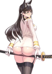 Rule 34 | 1girl, absurdres, ass, ass support, atago (azur lane), azur lane, black thighhighs, ccjn, cowboy shot, from behind, garter straps, highres, holding, holding sword, holding weapon, looking at viewer, looking back, mole, mole under eye, no panties, sheath, sheathed, simple background, solo, standing, sword, thighhighs, weapon, white background
