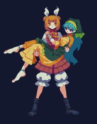 Rule 34 | 2girls, 4qw5, apron, armor, armored dress, barefoot, black background, black footwear, blonde hair, bloomers, blue hair, blunt bangs, carrying, closed mouth, double bun, dress, full body, green apron, green headwear, hair bun, hair ribbon, haniwa (statue), haniyasushin keiki, head scarf, highres, joutouguu mayumi, long hair, looking at another, multiple girls, open mouth, pixel art, princess carry, purple eyes, ribbon, short hair, simple background, smile, standing, touhou, underwear, white ribbon, yellow dress, yellow eyes