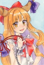 Rule 34 | 1girl, 2zuz4hru, :d, bare arms, blue background, bow, bowtie, brown horns, buttons, chain, commentary request, cuffs, gourd, hair bow, highres, horn ornament, horn ribbon, horns, ibuki suika, long hair, marker (medium), open mouth, orange eyes, orange hair, purple ribbon, red bow, red bowtie, ribbon, shirt, simple background, sleeveless, sleeveless shirt, smile, solo, torn clothes, torn shirt, touhou, traditional media, very long hair, white shirt, white wristband