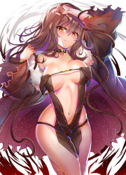 Rule 34 | 1girl, arm up, bare shoulders, black dress, breasts, breasts apart, brown hair, center opening, choker, collarbone, dress, earrings, fate/grand order, fate (series), fur trim, hair between eyes, highres, jacket, jewelry, large breasts, lips, long hair, looking at viewer, navel, parted lips, red eyes, revealing clothes, sidelocks, simple background, smile, solo, strapless, strapless dress, sunhyun, teeth, very long hair, white background, yu mei-ren (fate)
