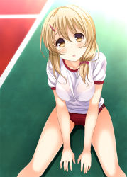 Rule 34 | arm support, blonde hair, blush, bra, breasts, buruma, gym uniform, highres, hino minato (spec.c), long hair, looking at viewer, medium breasts, open mouth, original, see-through, shirt, solo, spread legs, sweat, thighs, underwear, v arms, wet, wet clothes, wet shirt