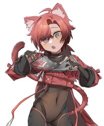 Rule 34 | 1boy, ahoge, amain dudu, animal ear fluff, animal ears, black choker, black gloves, blush, cat boy, cat ears, cat tail, choker, claw pose, covered navel, cropped jacket, facing viewer, fang, gloves, hair between eyes, highres, holostars, holostars english, jacket, looking at viewer, machina x flayon, machina x flayon (1st costume), male focus, open mouth, red eyes, red hair, red jacket, revealing clothes, short hair, solo, standing, strap, tail, tight clothes, upper body, virtual youtuber, white background