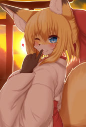 Rule 34 | 1girl, :3, animal ear fluff, animal ears, animal hands, animal nose, blonde hair, blue eyes, blush, fang, fang out, finger to mouth, fox ears, fox girl, fox tail, from side, furry, furry female, hair between eyes, hair over shoulder, hand up, heart, highres, horokusa (korai), japanese clothes, looking at viewer, medium hair, miko, one eye closed, original, solo, standing, tail, tail raised, thick eyebrows, upper body