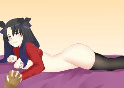 Rule 34 | 1boy, 1girl, absolute territory, absurdres, aftersex, ass, bed, black hair, blue eyes, bottomless, breast press, breasts, breasts out, clothes lift, dark-skinned male, dark skin, fate/stay night, fate (series), happy, highres, holding hands, jewelry, kuroe prime, kuroeart, lying, medium breasts, multicolored hair, necklace, on stomach, pov, shirt lift, sweat, thigh squish, thighhighs, tohsaka rin, twintails, two-tone hair