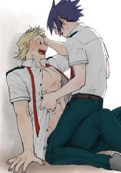Rule 34 | 2boys, amajiki tamaki, assisted exposure, black hair, blonde hair, blouse, blue eyes, blush, boku no hero academia, collared shirt, looking at another, male focus, multiple boys, muscular, necktie, open clothes, open mouth, open shirt, pointy ears, school uniform, shirt, sitting, sitting on lap, sitting on person, smile, straddling, tama4664amat, togata mirio, u.a. school uniform, undressing, upright straddle, yaoi