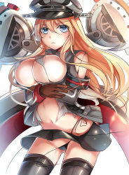 Rule 34 | 10s, 1girl, bad id, bad pixiv id, bismarck (kancolle), black panties, blonde hair, blue eyes, breasts, detached sleeves, hat, kantai collection, large breasts, long hair, looking at viewer, military, military hat, military uniform, panties, peaked cap, personification, side-tie panties, solo, stripe (artist), thighhighs, torn clothes, underwear, uniform, untied