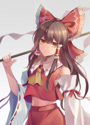 Rule 34 | 1girl, absurdres, ascot, bare shoulders, bow, brown hair, closed mouth, detached sleeves, gohei, hair between eyes, hair bow, hair tubes, hakurei reimu, highres, holding, japanese clothes, koizumo, long hair, navel, nontraditional miko, orange eyes, red bow, red skirt, ribbon-trimmed sleeves, ribbon trim, sidelocks, skirt, solo, touhou, upper body, white sleeves, wide sleeves, yellow ascot