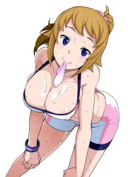 Rule 34 | 10s, 1girl, areola slip, bent over, breasts, bursting breasts, cleavage, condom, covered erect nipples, cowboy shot, cum, cum on body, cum on breasts, cum on upper body, female focus, gundam, gundam build fighters, gundam build fighters try, hoshino fumina, large breasts, mouth hold, simple background, solo, sports bra, standing, sweat, used condom, white background