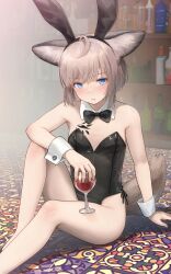 Rule 34 | 1girl, absurdres, alcohol, animal ears, arknights, black bow, black bowtie, black leotard, blue eyes, blush, bottle, bow, bowtie, breasts, brown hair, collar, cup, detached collar, drinking glass, extra ears, fox ears, fox girl, fox tail, highres, holding, holding cup, indoors, leotard, looking at viewer, material growth, oripathy lesion (arknights), rabbit ears, short hair, small breasts, solo, strapless, strapless leotard, sussurro (arknights), tail, welt (kinsei koutenkyoku), white collar, white wrist cuffs, wine glass, wrist cuffs