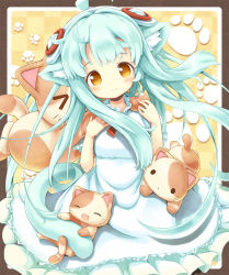 Rule 34 | &gt; &lt;, 1girl, :3, :d, ^ ^, ahoge, aikei ake, animal ears, blush, brown eyes, cat, checkered background, closed eyes, dress, closed eyes, green hair, hair ornament, headdress, long hair, looking at viewer, open mouth, original, paw print, smile, solid circle eyes, tail, very long hair