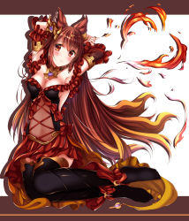 Rule 34 | 10s, 1girl, absurdres, animal ears, anthuria, arms behind head, black thighhighs, blush, breasts, cleavage, detached sleeves, dress, erune, fire, granblue fantasy, hair ornament, head tilt, highres, long hair, looking at viewer, medium breasts, red dress, red eyes, red hair, short dress, smile, solo, thighhighs, zhou yu (ppaaqz1995)