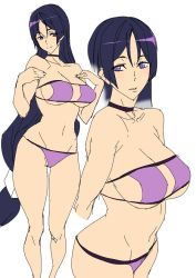 Rule 34 | 1girl, ashiomi masato, bare shoulders, bikini, breasts, collarbone, fate/grand order, fate (series), large breasts, long hair, looking at viewer, minamoto no raikou (fate), navel, parted bangs, purple eyes, purple hair, simple background, smile, solo, swimsuit, very long hair, white background