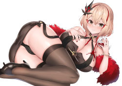 Rule 34 | 1girl, \||/, absurdres, ass, azur lane, bare arms, bare shoulders, between breasts, black footwear, black panties, black skirt, black thighhighs, blonde hair, bracelet, breasts, cameltoe, cleavage, collarbone, commentary, crossed bangs, deogho (liujinzy9854), full body, fur scarf, grey eyes, hair between eyes, hair ornament, hand on own chest, high heels, highres, holding, huge breasts, jewelry, legs together, looking at viewer, lying, medium hair, multicolored hair, nail polish, official alternate costume, on side, panties, parted lips, red hair, red nails, ring, roon (azur lane), roon (viridescent lullaby) (azur lane), simple background, skirt, solo, spilling, streaked hair, thighhighs, thighs, two-tone hair, underwear, white background
