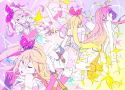 Rule 34 | 1girl, bare shoulders, blonde hair, blue eyes, bow, colorful, elbow gloves, from behind, from side, gloves, gradient hair, hair bow, hairband, kuro (toi et moi), long hair, looking at viewer, magical girl, multicolored hair, multiple views, nude, one eye closed, ponytail, purple hair, purple thighhighs, rasberry, skirt, sparkle, thighhighs, transformation, white gloves