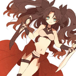 Rule 34 | 1girl, archer (fate), archer (fate) (cosplay), bare shoulders, blue eyes, brown hair, cosplay, fate/stay night, fate (series), guilty, hair ribbon, kanshou &amp; bakuya (fate), long hair, midriff, official alternate costume, ribbon, solo, sword, tohsaka rin, tsumi guilty, two side up, weapon