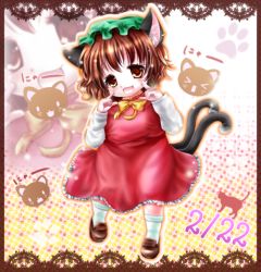 Rule 34 | &gt; &lt;, 1girl, animal ears, border, bow, brown hair, cat, cat ears, cat tail, chen, closed eyes, dated, earrings, fang, fingers to cheeks, frilled skirt, frills, gradient background, hat, jewelry, lace, lace border, looking at viewer, mob cap, multiple tails, nyan, open mouth, ornate border, outline, paw print, polka dot, polka dot background, red eyes, short hair, single earring, skirt, skirt set, solo, tail, touhou, tsukiori sasa, zoom layer