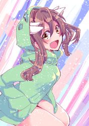Rule 34 | 1girl, :d, absurdres, blush, brown eyes, brown hair, commentary request, cosplay, creeparka, creeper, fang, hair between eyes, hands in pockets, highres, hood, hood up, hoodie, kantai collection, legs together, long hair, long sleeves, looking at viewer, minecraft, open mouth, smile, solo, tone (kancolle), twintails, yami (m31)