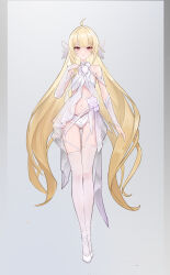 Rule 34 | 1girl, bare shoulders, blonde hair, bridal gauntlets, flower, full body, grey background, highres, long hair, navel, niaodao zhenjun, original, purple eyes, revealing clothes, solo, thighhighs, thighs, white flower, white footwear, white thighhighs