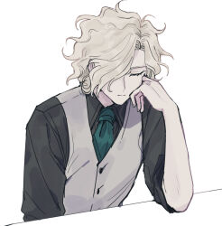 Rule 34 | 1boy, black shirt, closed eyes, closed mouth, collared shirt, edmond dantes (fate), elbow rest, expressionless, fate/grand order, fate (series), fukusuu (zeonms 06s), green necktie, grey hair, grey vest, hair over one eye, hand on own cheek, hand on own face, long sleeves, male focus, necktie, shirt, short hair, simple background, sleeping, solo, u u, upper body, vest, wavy hair, white background, wing collar