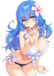 Rule 34 | 1girl, bangle, bare legs, bare shoulders, bikini, blue bikini, blue eyes, blue hair, blush, bracelet, breasts, cleavage, closed mouth, collarbone, commentary request, cowboy shot, cu-no, earrings, fingernails, flower, frilled bikini, frilled bikini top, frills, groin, hair between eyes, hair flower, hair ornament, halterneck, hand up, head tilt, hisen kaede, index finger raised, jewelry, kohitsuji ai, large breasts, leaning forward, long hair, mismatched bikini, nail polish, navel, necklace, pendant, pink flower, pink nails, simple background, smile, solo, swimsuit, very long hair, white background, white bikini
