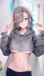 Rule 34 | 1girl, alternate costume, asuna (blue archive), bad id, bad twitter id, blue archive, blue eyes, blue pants, blue ribbon, blush, breasts, closed mouth, crop top, crop top overhang, cropped sweater, denim, drawstring, grey sweater, hair over one eye, hair ribbon, halo, highres, hood, hooded sweater, jeans, large breasts, light brown hair, long hair, long sleeves, looking at viewer, midriff, navel, pants, ribbon, rity, smile, solo, stomach, sweater, underboob, very long hair