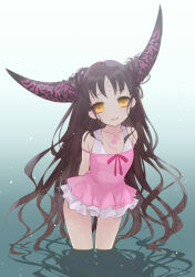Rule 34 | 1girl, arms behind back, babydoll, black hair, black horns, chest tattoo, child, chinese commentary, cropped legs, facial mark, fate/grand order, fate (series), forehead mark, gradient background, green background, highres, hiko gola, horns, leaning forward, long hair, looking at viewer, mixed-language commentary, multicolored horns, one-piece swimsuit, open mouth, parted bangs, pink babydoll, pink horns, pink ribbon, ribbon, sessyoin kiara, sessyoin kiara (lily), shadow, sleeveless, smile, solo, swimsuit, tattoo, two-tone horns, very long hair, wavy hair, white one-piece swimsuit, yellow eyes
