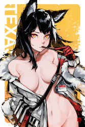 Rule 34 | animal ear fluff, animal ears, areola slip, arknights, black hair, character name, convenient censoring, eating, food, highres, id card, jacket, long hair, naked jacket, navel, nude, official alternate costume, orange eyes, out-of-frame censoring, outside border, pocky, robot cat (robotcatart), solo, texas (arknights), texas (winter messenger) (arknights), white jacket, wolf ears