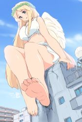 Rule 34 | 1girl, barefoot, blonde hair, blue eyes, breasts, feet, giant, giantess, large breasts, long hair, mikomu, original, smile, soles, solo, toes, very long hair, wings