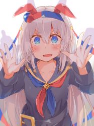 Rule 34 | 1girl, @ @, animal ears, black sailor collar, black shirt, blue eyes, blue hairband, blue neckerchief, collarbone, commentary request, fang, grey hair, hair between eyes, hairband, hands up, highres, horse ears, long hair, long sleeves, looking at viewer, neckerchief, open mouth, red neckerchief, rinrin (927413), sailor collar, shadow, shirt, simple background, solo, tamamo cross (umamusume), umamusume, upper body, very long hair, white background