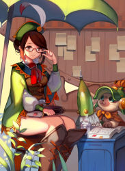 Rule 34 | 1girl, absurdres, adjusting eyewear, armor, ask (dreaming cat), blue eyes, book, boots, brave (armor), brown hair, capcom, cat, cup, double-breasted, felyne, glasses, guildmarm (monster hunter), hat, highres, holding, holding book, knee boots, long hair, long sleeves, monster hunter (series), monster hunter 4, mug, neck ribbon, open book, paper, plant, polearm, puffy sleeves, ribbon, semi-rimless eyewear, sitting, umbrella, under-rim eyewear, updo, vest, weapon, wood