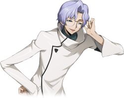 Rule 34 | 1boy, adjusting eyewear, arm up, armband, artist request, blue eyes, blue hair, blue shirt, coat, code geass, code geass: lost stories, game cg, glasses, hair intakes, half-closed eyes, hand on own hip, happy, high collar, lab coat, leaning forward, lloyd asplund, long sleeves, looking at viewer, male focus, non-web source, official art, open mouth, pocket, rimless eyewear, shirt, short hair, simple background, smile, solo, standing, transparent background, upper body, white coat