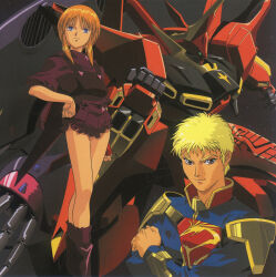 Rule 34 | 1990s (style), 1boy, 1girl, age difference, armor, bawoo, blonde hair, blue eyes, boots, commentary, cover, dvd cover, elpeo puru, english commentary, glemy toto, gundam, gundam zz, hands on own hips, highres, key visual, kitazume hiroyuki, looking at viewer, mecha, military uniform, mobile suit, neo zeon, official art, orange hair, promotional art, qubeley mk ii, retro artstyle, robot, scan, serious, shorts, shoulder armor, traditional media, uniform