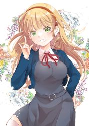 Rule 34 | 1girl, artist request, blonde hair, blue jacket, blunt bangs, breasts, collared shirt, commentary request, cowboy shot, dress, female focus, floral background, grey dress, grin, hairband, hand on own hip, hand up, heanna sumire, jacket, long hair, long sleeves, looking at viewer, love live!, love live! superstar!!, m/, medium breasts, mikimo nezumi, neck ribbon, open clothes, open jacket, orange hairband, pinafore dress, red ribbon, ribbon, school uniform, shirt, sleeveless dress, smile, solo, teeth, thighhighs, white background, white shirt, white thighhighs, yuigaoka school uniform, zettai ryouiki