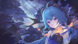 Rule 34 | 1girl, ahoge, bare shoulders, bell, blue gloves, blue hair, breasts, bug, butterfly, butterfly on hand, detached sleeves, ganyu (genshin impact), genshin impact, gloves, highres, horns, insect, long hair, looking at viewer, low ponytail, neck bell, night, outdoors, purple eyes, sidelocks, smile, solo, upper body, user tafm8774, white sleeves