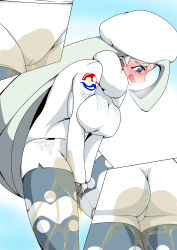 Rule 34 | 1girl, absurdres, ass, ass focus, between legs, blue background, blue eyes, blush, breasts, breasts squeezed together, cameltoe, close-up, creatures (company), female focus, fur hat, game freak, hand between legs, hat, highres, large breasts, long hair, long sleeves, melony (pokemon), multiple views, nintendo, onyaruga, open mouth, pantyhose, pantyhose under shorts, peeing, peeing self, pokemon, pokemon swsh, shorts, simple background, solo, sweat, sweater, very long hair, wet, wet clothes, wet shorts, white hair, white hat, white shorts, white sweater